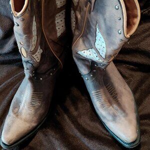 Distressed Hand Tooled Brown Leather Cowboy Boots